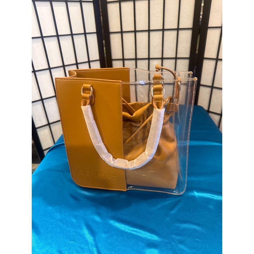 BERRY-T Original Clear Tote Bag Matching Drawstring Pouch Mustard Tan Viral